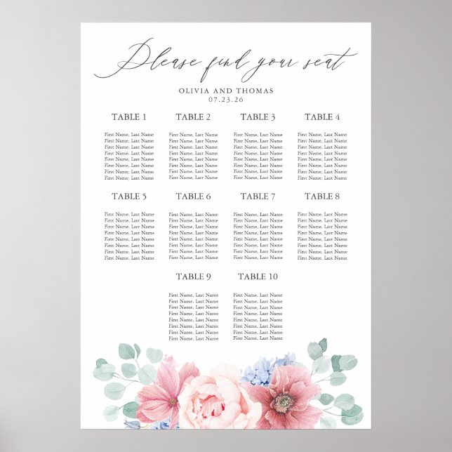 Dusty Blue and Pink Floral Wedding Seating Chart (Front)