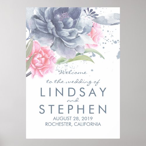 Dusty Blue and Pink Floral Wedding Welcome Sign