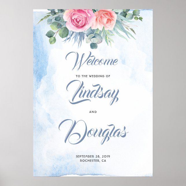 Dusty Blue and Pink Floral Wedding Welcome Sign (Front)
