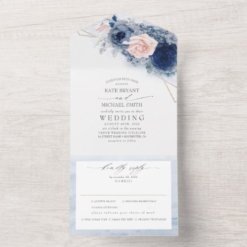 Dusty Blue and Pink Flowers Elegant Modern Wedding All In One Invitation