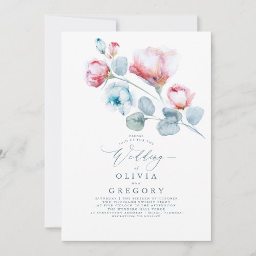 Dusty Blue and Pink Flowers Elegant Wedding Invitation