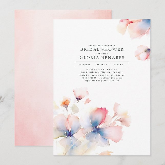 Dusty Blue and Pink Flowers Modern Bridal Shower Invitation (Front/Back)
