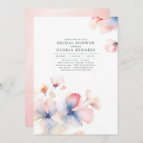 Dusty Blue and Pink Flowers Modern Bridal Shower Invitation