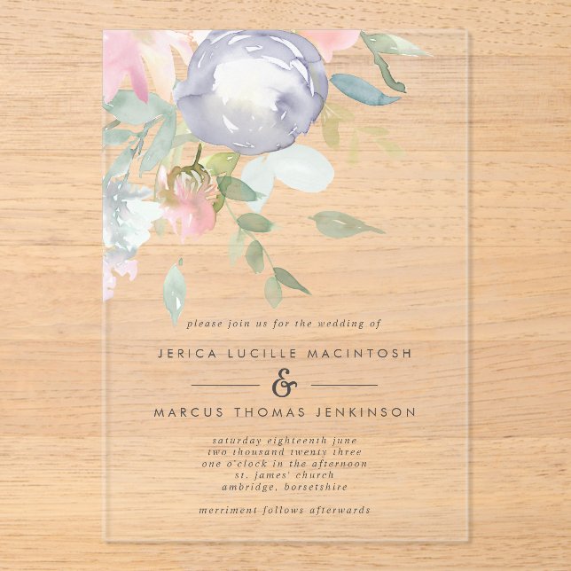 Dusty Blue and Pink Flowers Pastel Spring Wedding Acrylic Invitations (Front)