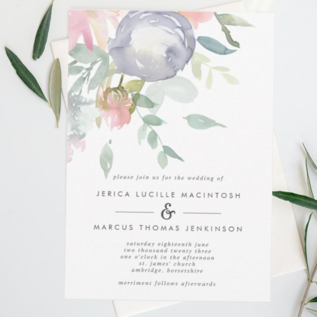 Dusty Blue and Pink Flowers Pastel Spring Wedding Invitation (Creator Uploaded)