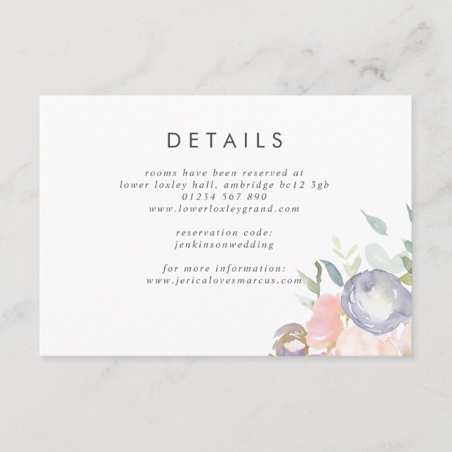 Dusty Blue and Pink Flowers Wedding Enclosure Card (Front)