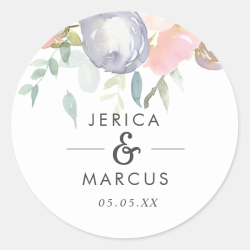 Dusty Blue and Pink Flowers Wedding SealFavor Classic Round Sticker