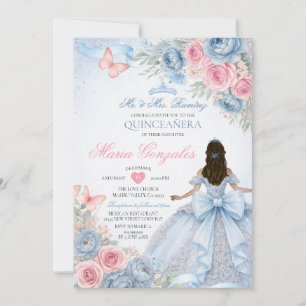 Dusty Blue and Pink Princess Butterfly Quinceañera Invitation
