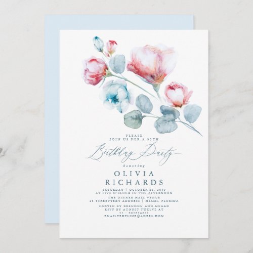 Dusty Blue and Pink Romantic Floral Birthday Invitation
