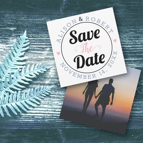 Dusty blue and pink typography photo on the back save the date