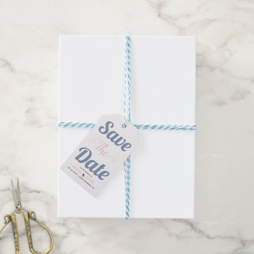 Dusty blue and pink typography Save the Date photo Gift Tags
