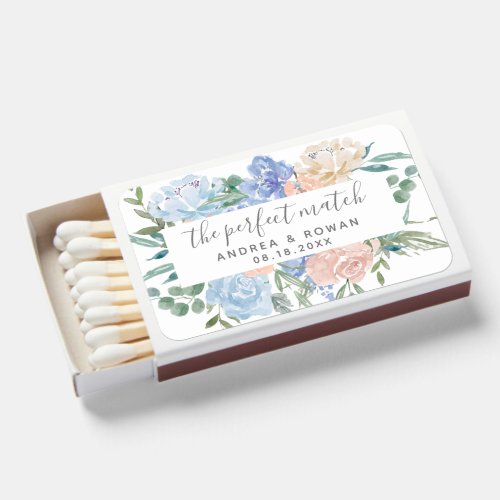 Dusty Blue and Pink Watercolor Floral Wedding Matchboxes