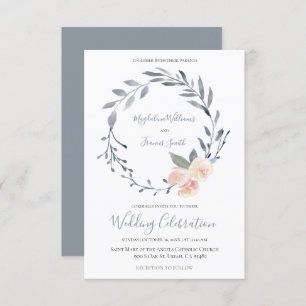 dusty blue and pink watercolor floral wreath invitation