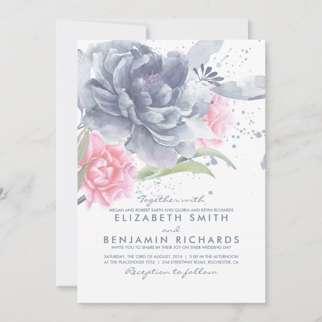 Dusty Blue and Pink Watercolor Flowers Wedding Invitation (Front)