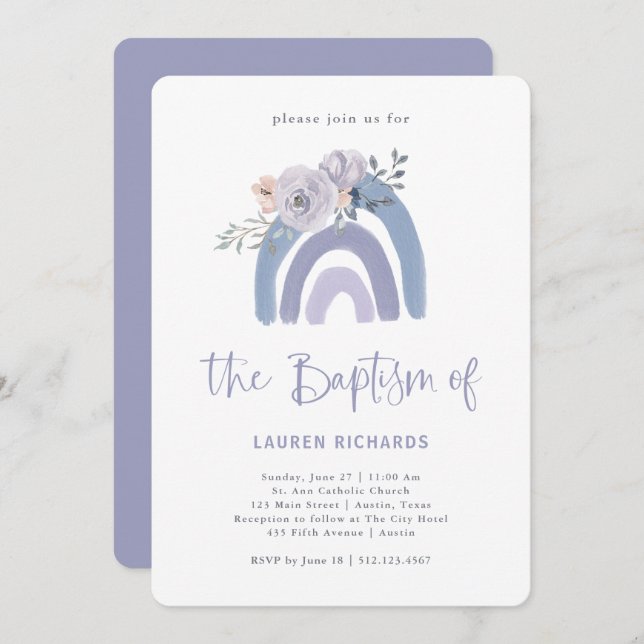 Dusty Blue and Purple Boho | Rainbow Baptism Invitation (Front/Back)