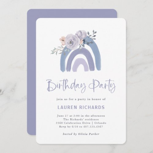Dusty Blue and Purple Boho Rainbow Birthday Party Invitation