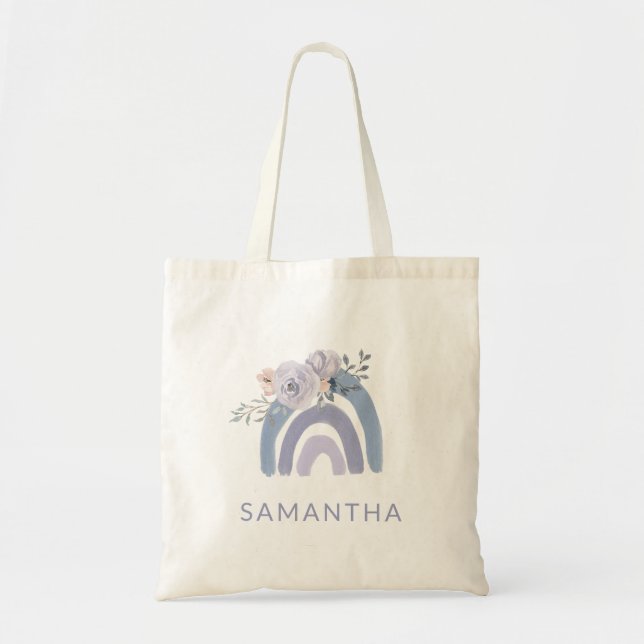 Dusty Blue and Purple Boho Rainbow with Flowers Tote Bag (Front)