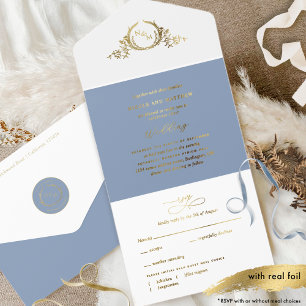 Dusty Blue and Real Gold Foil Monogram Wedding All In One Invitation