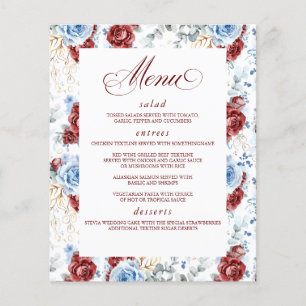 Dusty Blue and Red Floral Elegant Wedding Menu Flyer