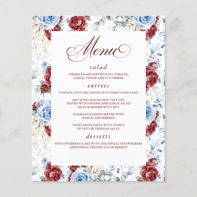 Dusty Blue and Red Floral Elegant Wedding Menu Flyer (Front)