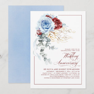 Dusty Blue and Red Floral Wedding Anniversary Invitation