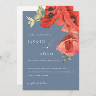 Dusty Blue and Red Poppies Wedding Invitation