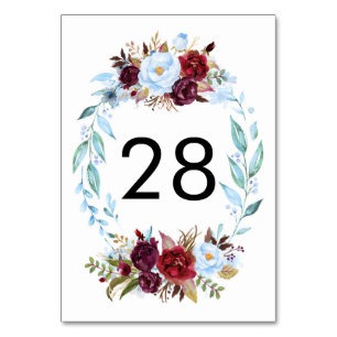 Dusty Blue and Red Wedding Table Number Cards
