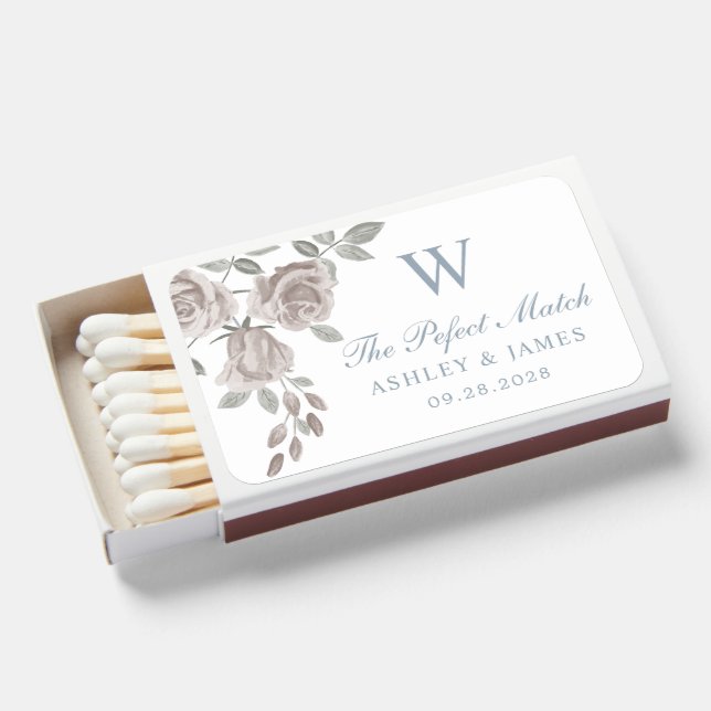 Dusty Blue and Rose Floral Wedding Favor Matchboxes (Front Open)