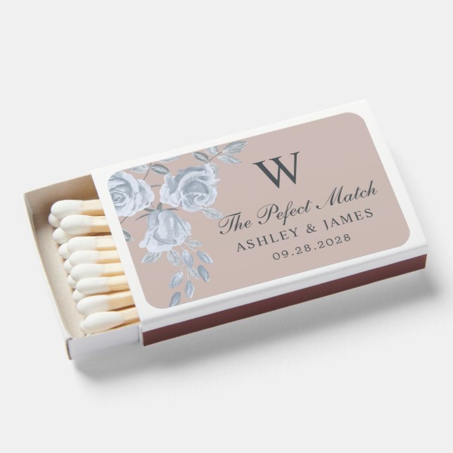 Dusty Blue and Rose Floral Wedding Favor Matchboxes (Front Open)