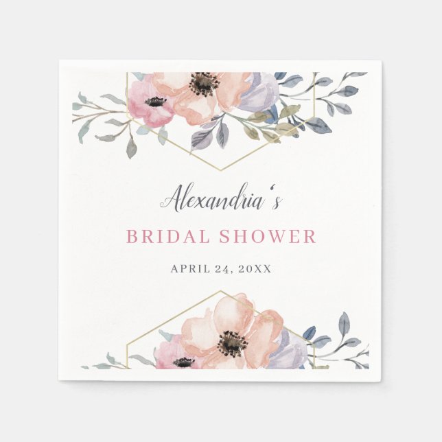 Dusty Blue and Rose Geometric Floral Bridal Shower Napkins (Front)
