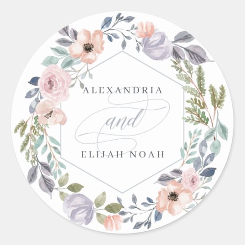 Dusty Blue and Rose Geometric Floral  Wedding Classic Round Sticker