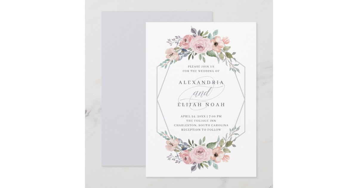 Dusty Blue and Rose Geometric Floral | Wedding Invitation | Zazzle