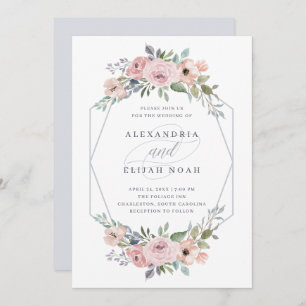 Dusty Blue and Rose Geometric Floral   Wedding Invitation