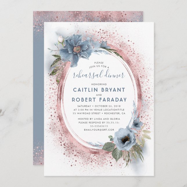 Dusty Blue and Rose Gold Floral Rehearsal Dinner Invitation (Front/Back)