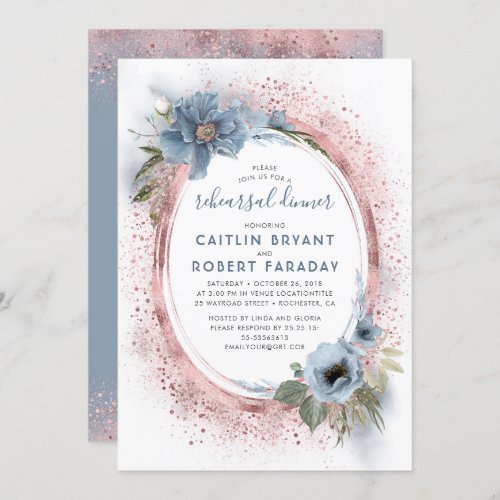 Dusty Blue and Rose Gold Floral Rehearsal Dinner Invitation