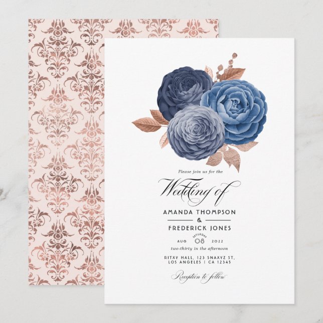Dusty Blue and Rose Gold Floral Wedding Invitation (Front/Back)