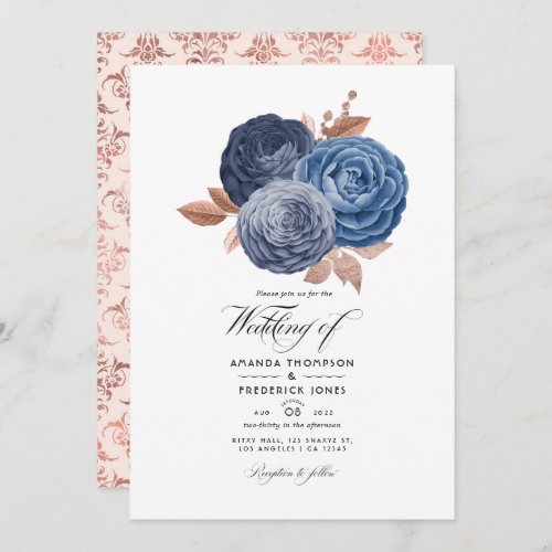 Dusty Blue and Rose Gold Floral Wedding Invitation