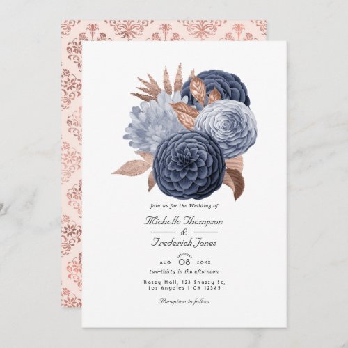Dusty Blue and Rose Gold Floral Wedding Invitation