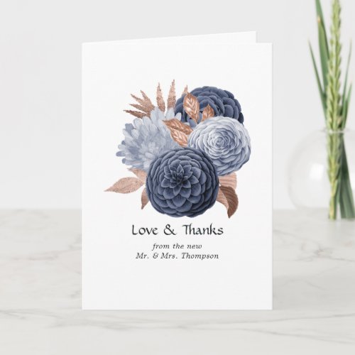Dusty Blue and Rose Gold Floral Wedding Photo Thank You Card