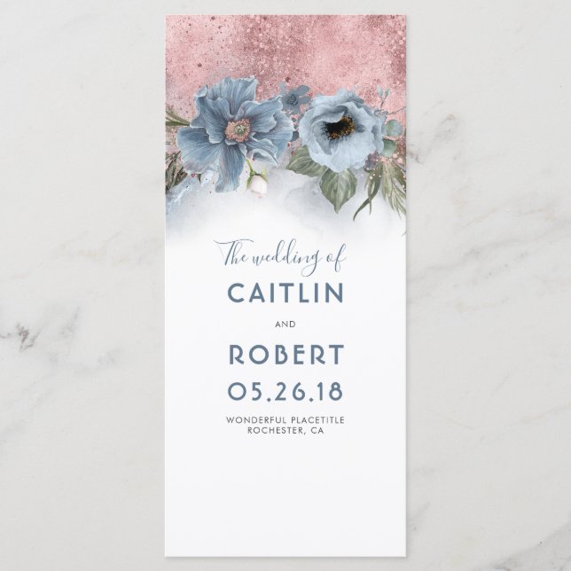 Dusty Blue and Rose Gold Floral Wedding Programs (Front)