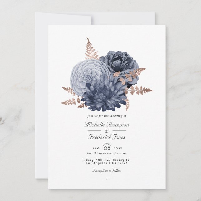 Dusty Blue and Rose Gold Floral Wedding QR Code In Invitation (Front)