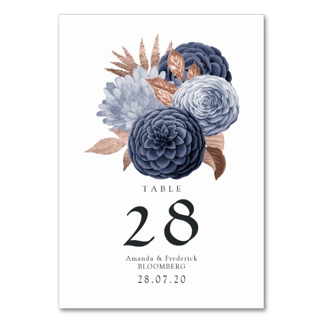 Dusty Blue and Rose Gold Floral Wedding Table Number (Front)