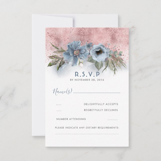 Dusty Blue and Rose Gold Glitter Boho Wedding RSVP Card (Front)