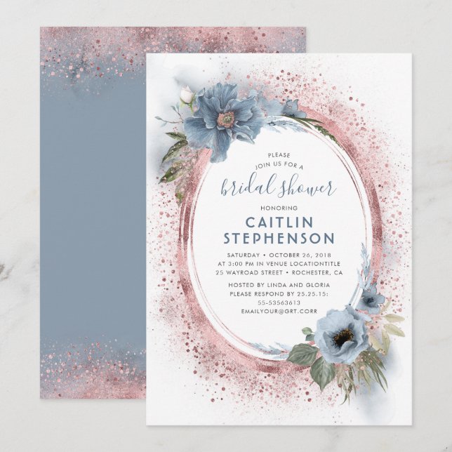 Dusty Blue and Rose Gold Glitter Bridal Shower Invitation (Front/Back)