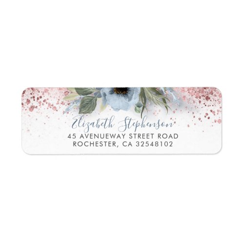Dusty Blue and Rose Gold Glitter Floral Trendy Label
