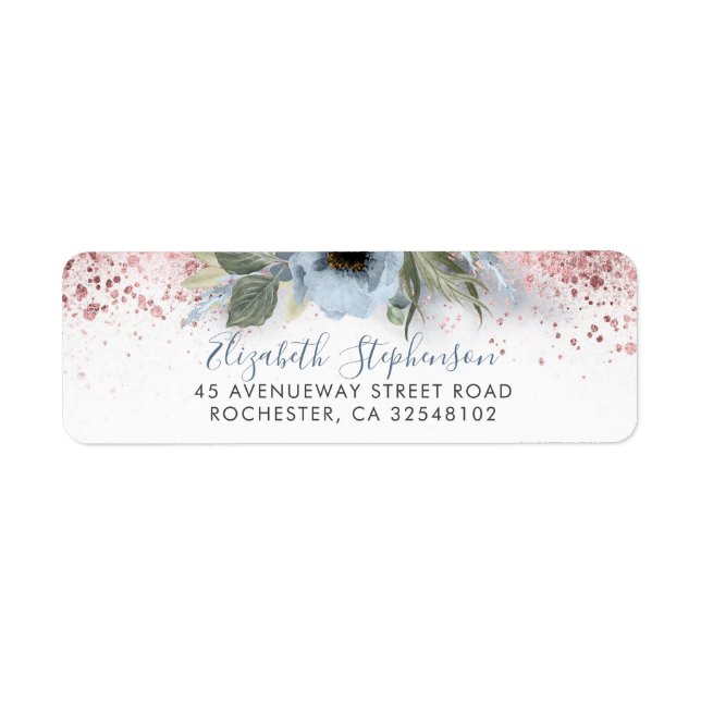 Dusty Blue and Rose Gold Glitter Floral Trendy Label (Front)