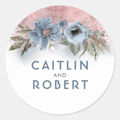 Dusty Blue and Rose Gold Glitter Floral Wedding Classic Round Sticker