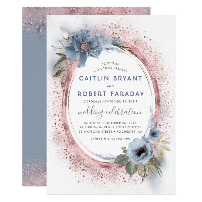 Dusty Blue and Rose Gold Glitter Floral Wedding Invitation