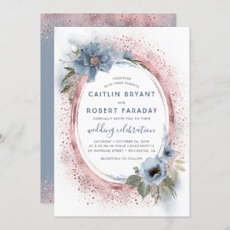 Floral Dusty Blue and Rose Gold Wedding Invitation