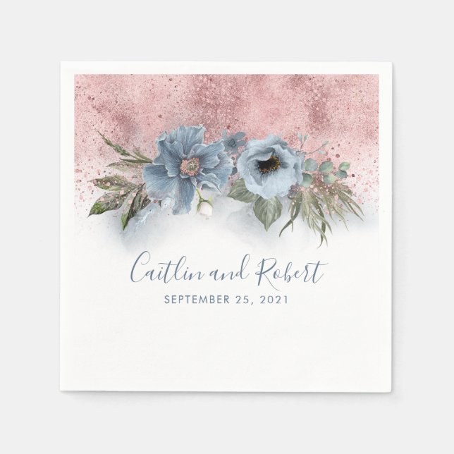 Dusty Blue and Rose Gold Glitter Romantic Wedding Napkins (Front)